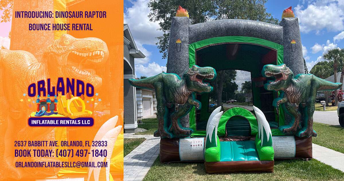 Graphic of dinosaur Raptor Bounce House for rent by Orlando Inflatables LLC
